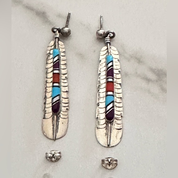 Navajo Turquoise Earrings Stone Inlay By FY FRANK YAZZIE Signed Sterling 925 - Picture 7 of 12
